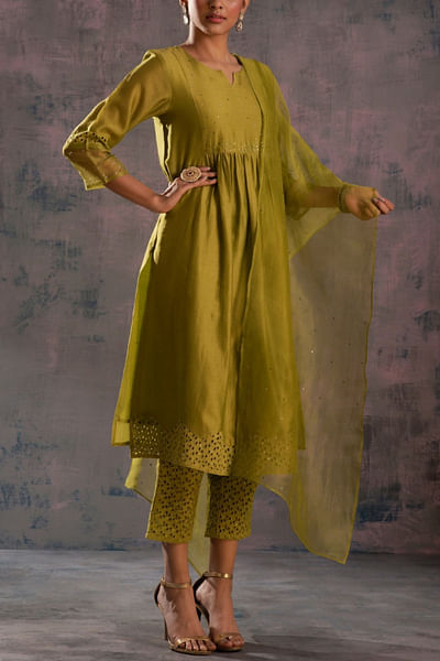 Green chanderi kurta set