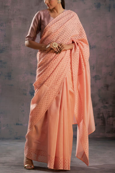 Peach chanderi sari set