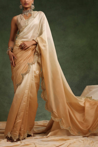 Charu Makkar Beige ombre embroidered scalloped sari set CRMAUG2410