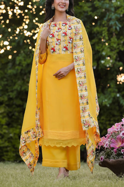 Yellow floral chanderi kurta set