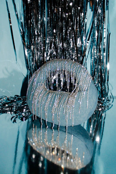 Blue crystal embellished denim potli bag