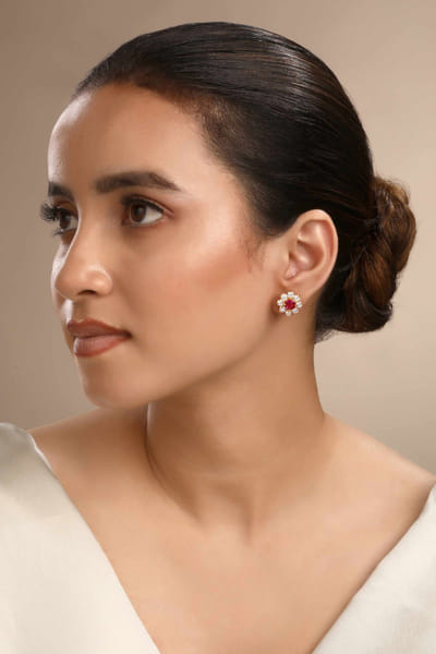 Gold and pink floral cubic zirconia studs