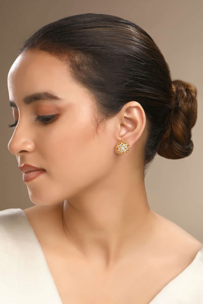 Gold floral heart cubic zirconia studs