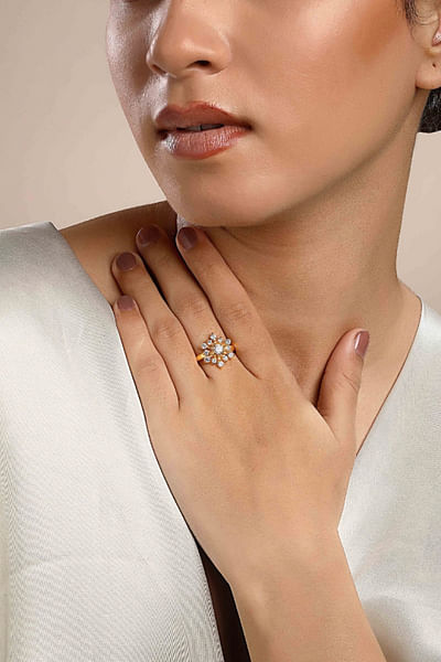 Gold floral cubic zirconia ring