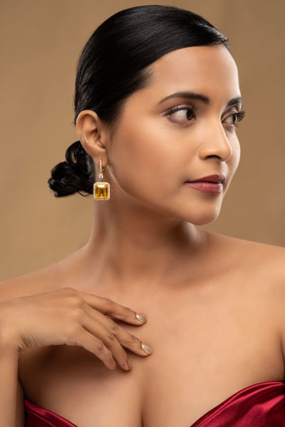 Yellow stone silver gold-plated earrings