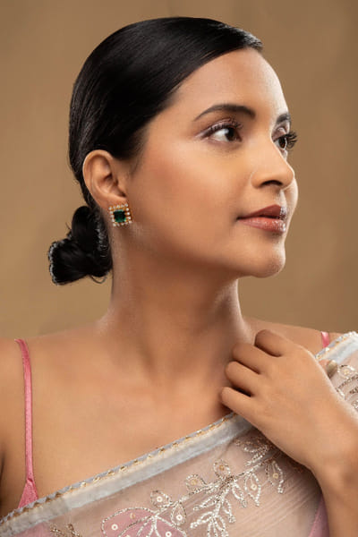 Green square stone silver earrings