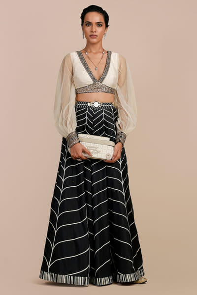 JJV.Kapurthala By JJ Valaya Black and ivory chevron printed sharara set JJVOCT25D236826
