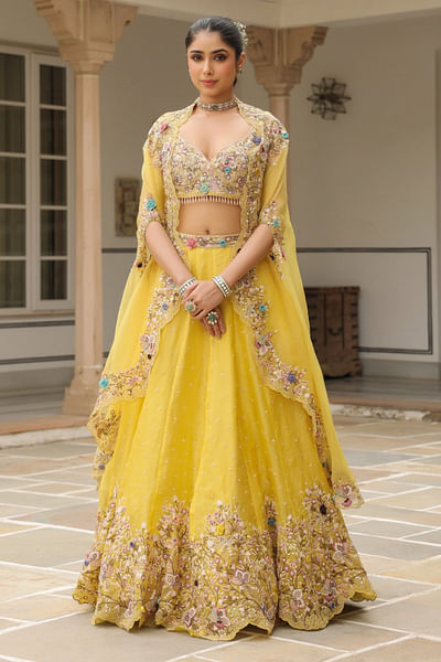 Yellow 3D floral embroidered cape lehenga set