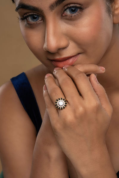 Gold and black beads silver ring