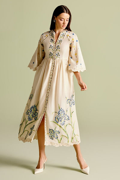 Ivory floral embroidered midi dress
