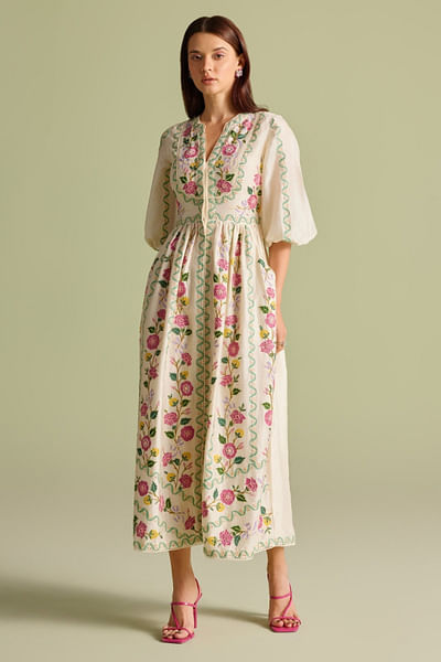Ivory thread embroidered midi dress