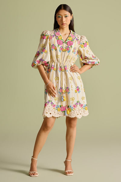 Ivory floral embroidered short dress