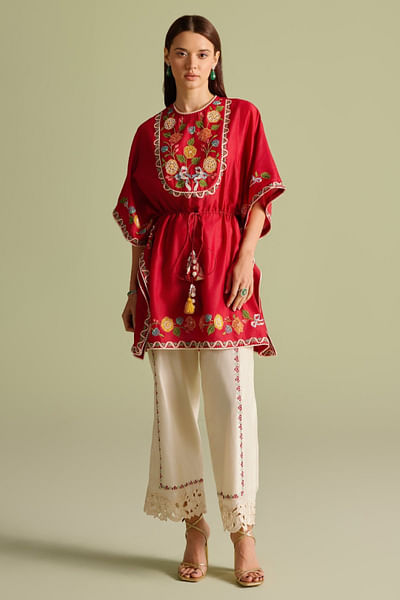 Red floral embroidered kaftan