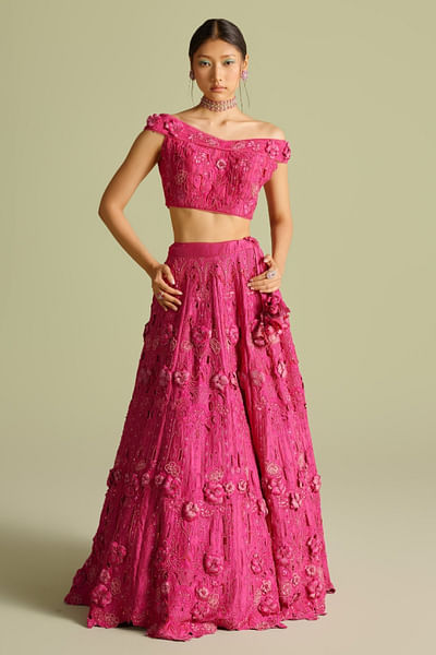 Fuchsia 3D floral appliqued lehenga