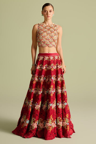 Red floral embroidered lehenga