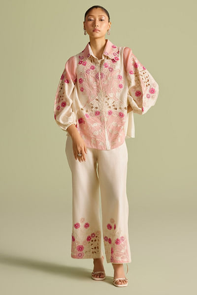 Ivory and pink applique work pant