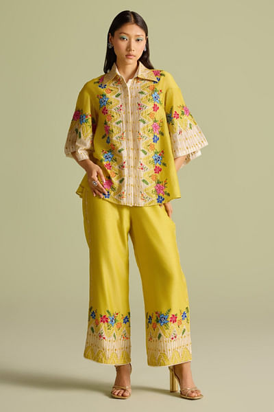 Yellow floral embroidered pants