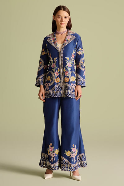 Indigo floral applique embroidered pants
