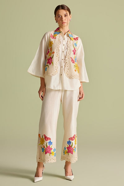 Ivory floral embroidery pants