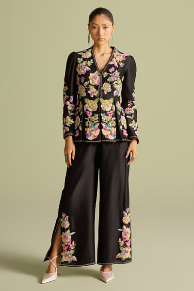 Black bead embroidered pants