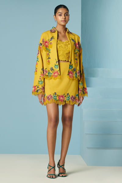 Mustard floral embroidered and cutwork bustier