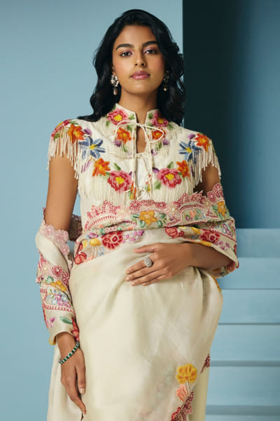 Ivory floral beaded and fringed blouse