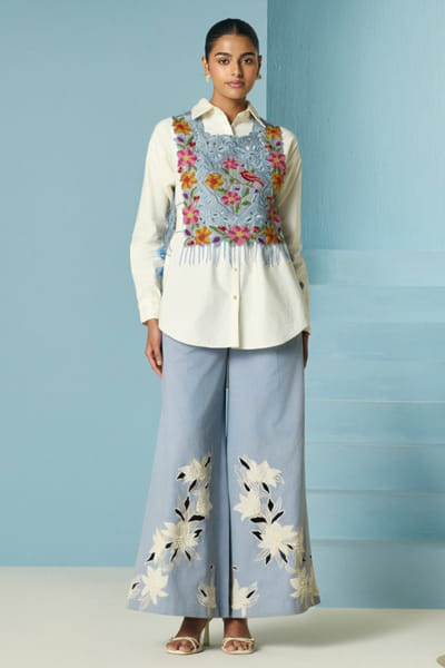 Powder blue floral embroidered vest