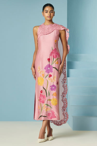 Blush pink floral appliqué and draped dress