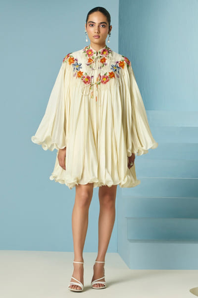 Ivory floral embroidered and pleated dress
