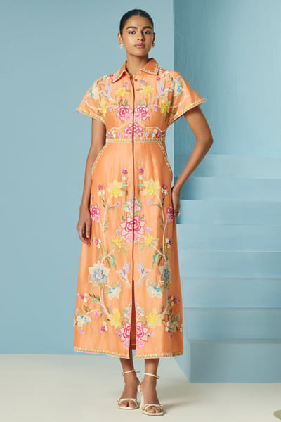 Orange floral checkered and appliqued dress