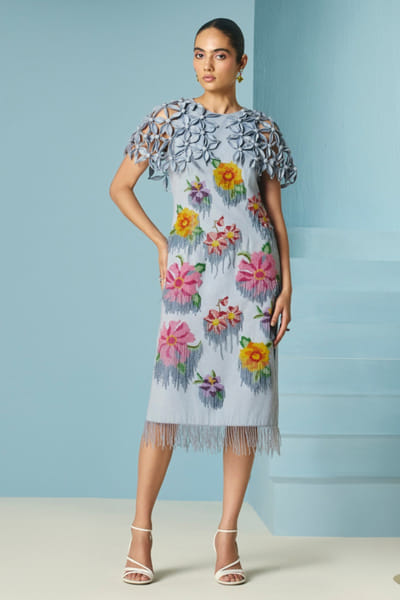 Powder blue 3D floral embroidered cape dress