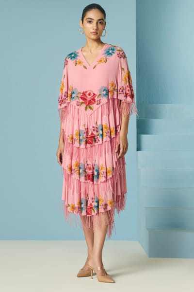 Pink floral embroidered tiered dress