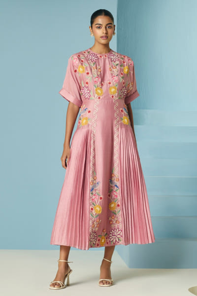 Blush pink floral embroidered pleated dress