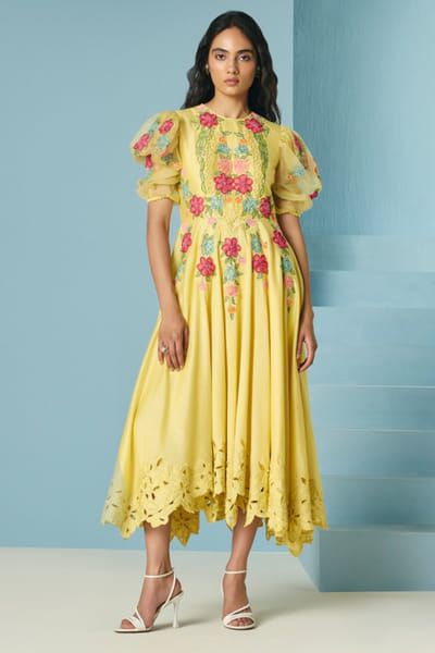 Butter yellow floral applique embroidery dress