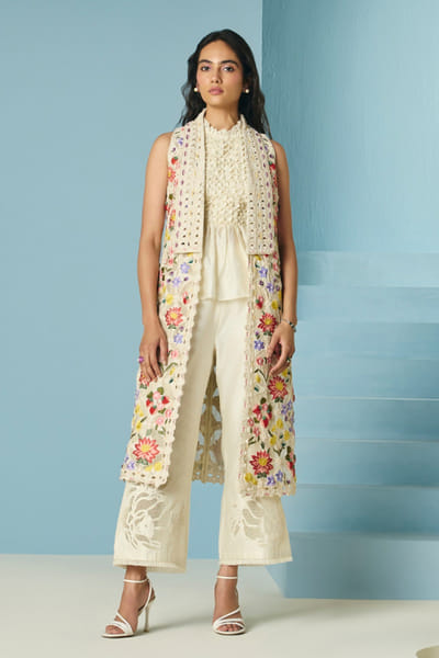 Ivory floral appliqué embroidered long jacket