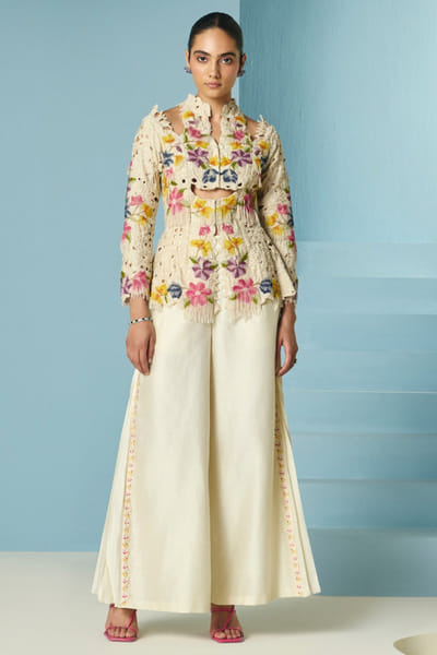 Ivory floral beaded and fringed cutwork jacket