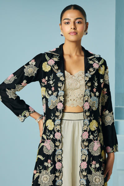 Black floral checkered and appliqued jacket