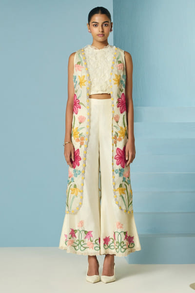 Ivory floral applique embroidered long jacket