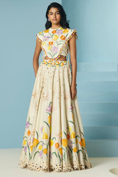 Ivory tulip and cutwork embroidered lehenga