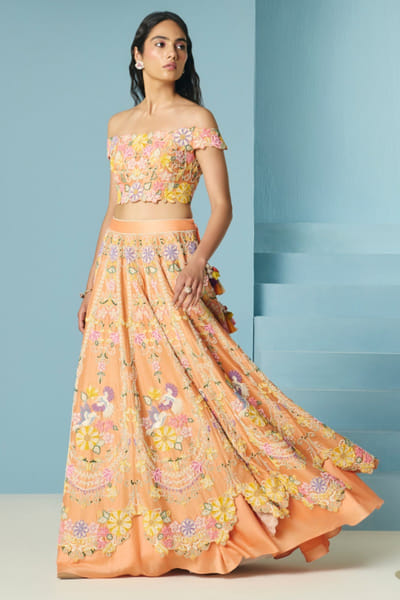 Orange floral cordwork embroidered lehenga