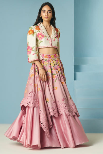 Blush pink floral applique and layered lehenga