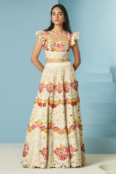 Ivory floral cutwork-bead embroidered lehenga