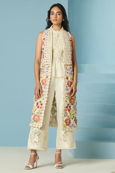Ivory checkered floral applique pants