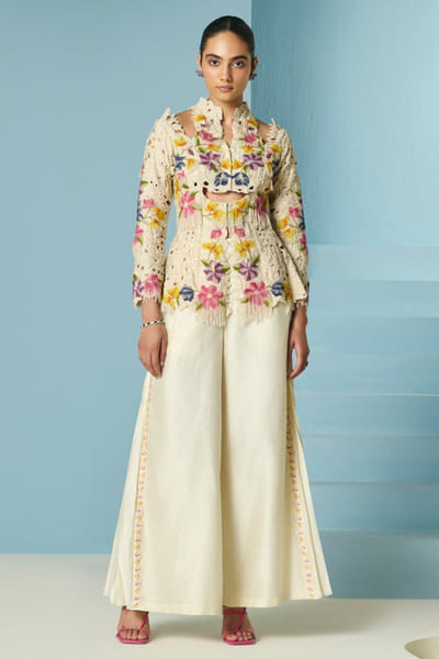 Ivory embroidered and pleated chanderi pants