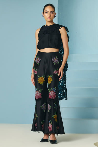 Black floral beaded and fringed pants
