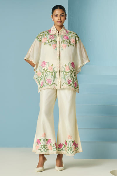 Ivory floral beaded and appliqued pants