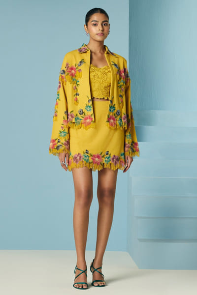 Mustard floral beaded and fringed mini skirt