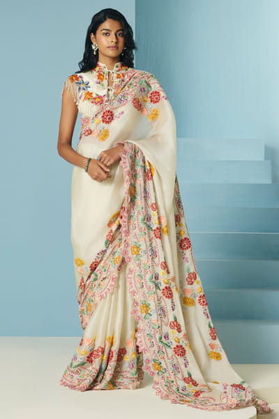 Ivory floral cordwork embroidered sari set