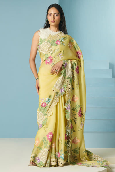 Butter yellow floral applique sari set