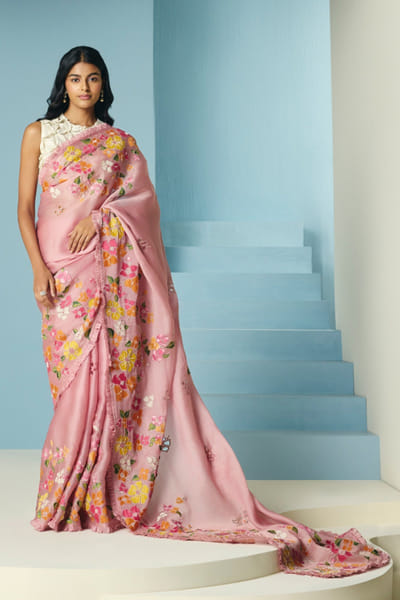 Blush pink floral applique sari set